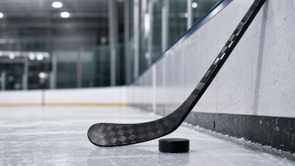 Custom ice hockey stick on rink ice lifestyle photo