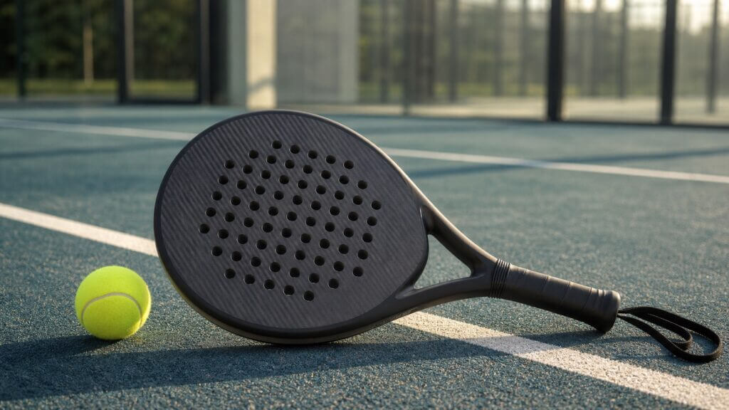 Custom padel racket on court lifestyle photo
